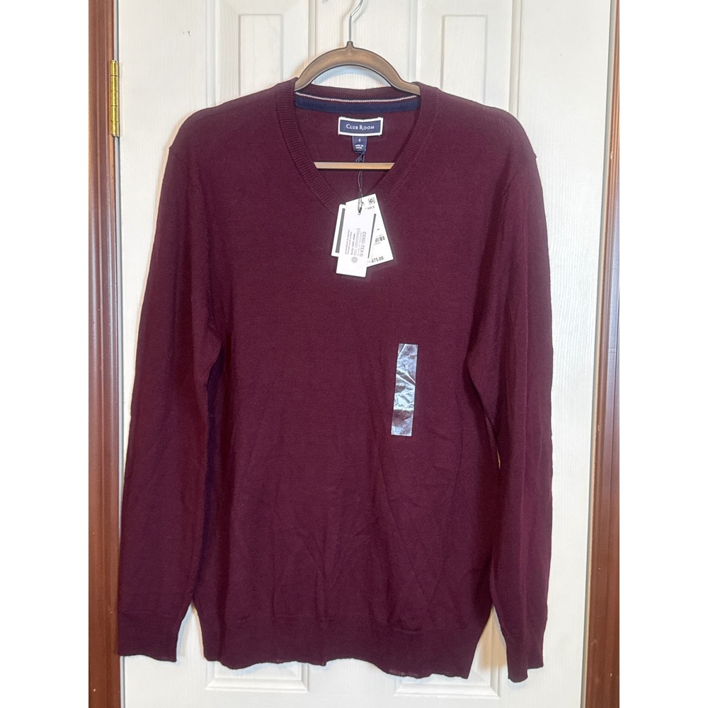 Club Room Merino Wool Blend V-Neck Sweater Performance‎ Red Plum Small